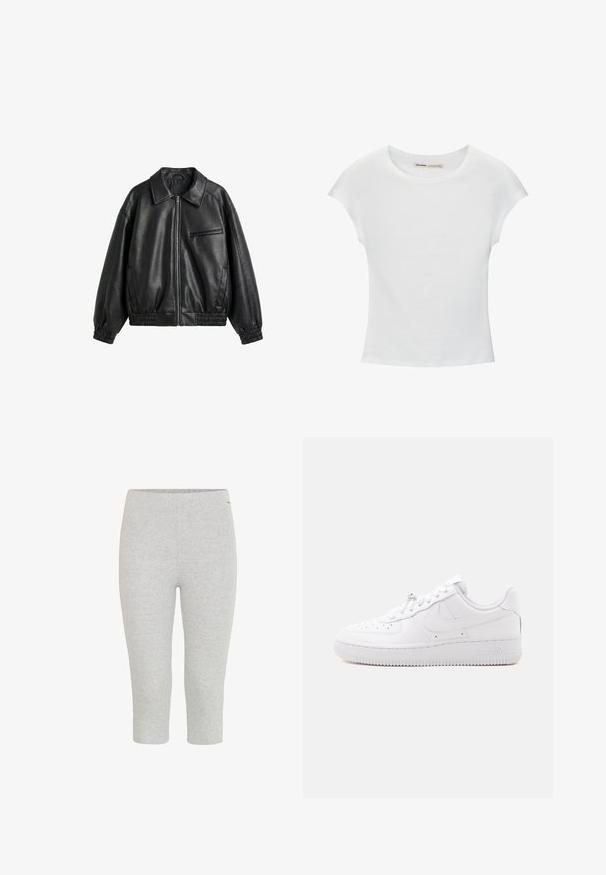 Sort faux læderjakke med frontlynlås, spids krave, elastiske manchetter og kant samt lynlåslomme på brystet på hvid baggrund.; Hvid bomuld t-shirt med korte, opsmøgede ærmer, rund halsudskæring og lige kant. Glat tekstur uden synlige mønstre eller detaljer.; Grå strækbare capri leggings med en glat tekstur og en elastisk talje, der har en tætsiddende pasform uden synlige mønstre eller accenter.; Lavtop hvid sneaker med perforeret tå, snørelukning, tekstureret sål og et diskret swoosh-logo på siden.