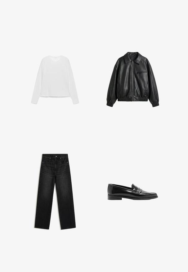 Veste noire en cuir synthétique avec fermeture éclair devant, col pointu, poignets et ourlet élastiques, et une poche poitrine zippée sur fond blanc.; T-shirt blanc à manches longues avec un col rond. Confectionné en tissu lisse, il présente un ourlet droit et une coupe décontractée. Design simple, sans motifs.; Jean denim noir à jambes droites avec poches avant, passants de ceinture et fermeture par bouton, présenté sur fond blanc.; Mocassin penny en cuir noir avec petit talon et surpiqûres moc toe, profil latéral sur fond blanc.