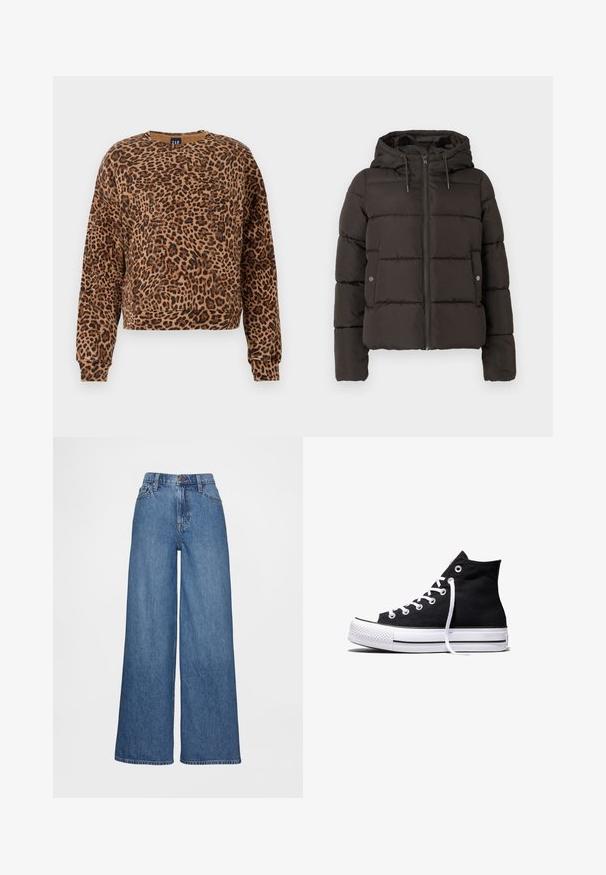 Sort polstret jakke med hætte, der har en frontlynlås, syede paneler og sidelommer med trykknaplukning. Glat stoftekstur.; Sweatshirt med leopardmønster i nuancer af brunt og sort. Fremstillet af blødt stof, har rund halsudskæring og lange ærmer med ribbede manchetter.; Vidbenede jeans i mediumblåt denim, med høj talje, bæltestropper og knaplukning. Glat tekstur med få syningsdetaljer.; Sort high-top canvas sneaker med hvid gummisål og hvide snørebånd, vist fra siden mod en hvid baggrund.