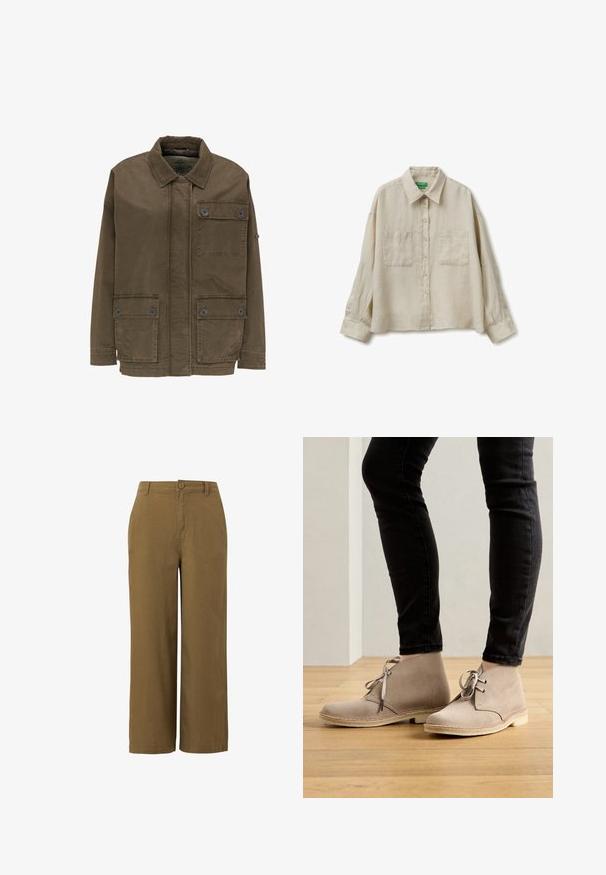 Braune knöpfbare Jacke mit drei Vordertaschen, langen Ärmeln und einem Kragen, auf weißem Hintergrund abgebildet.; Beiges langärmliges Hemd mit Knöpfen, zwei Brusttaschen und klassischem Kragen, hergestellt aus leichtem Stoff.; Braune weitbeinige Hosen aus einem strukturierten Baumwollgemisch, mit einer vorderen Knopfschließe und einem Standard-Taillendesign.; Beige Wildleder-Stiefeletten mit runder Spitze, Schnürdesign und kontrastierenden Nähten, getragen mit schwarzen, enganliegenden Hosen auf einem Holzboden.