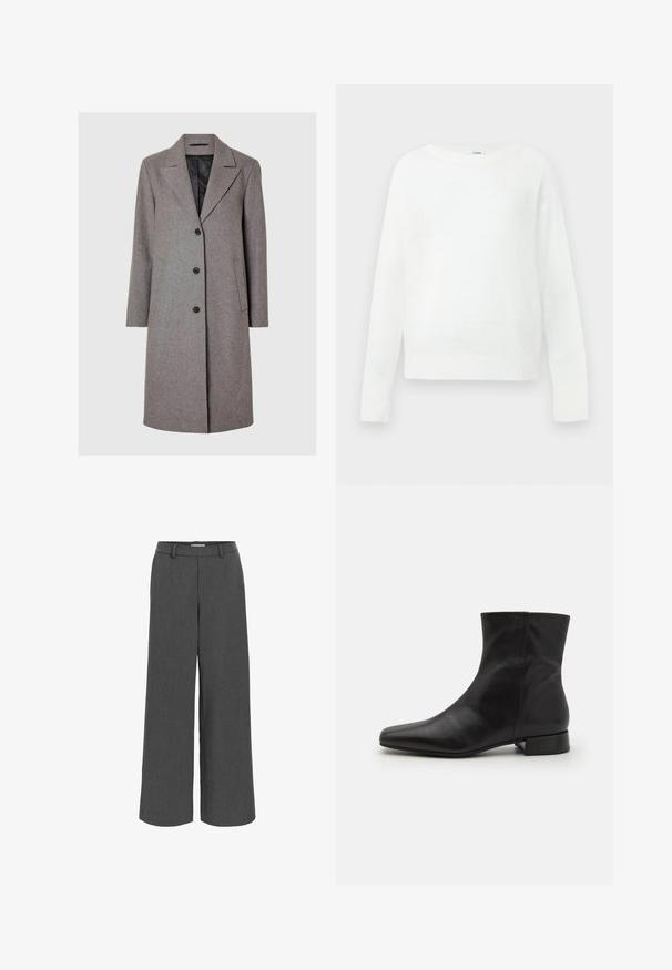 Manteau en mélange de laine gris avec un col cranté, quatre boutons noirs, deux poches latérales et une doublure intérieure unie. Coupe droite mi-longue.; Pull blanc à manches longues avec col rond, poignets et ourlet côtelés, présenté à plat sur un fond neutre.; Pantalon large gris fabriqué en tissu texturé, avec une ceinture élastique et des poches avant pour un ajustement décontracté.; Botte cheville en cuir noir avec un bout pointu, texture lisse, design minimaliste et un petit talon carré. La fermeture éclair sur le côté monte jusqu'à la cheville.