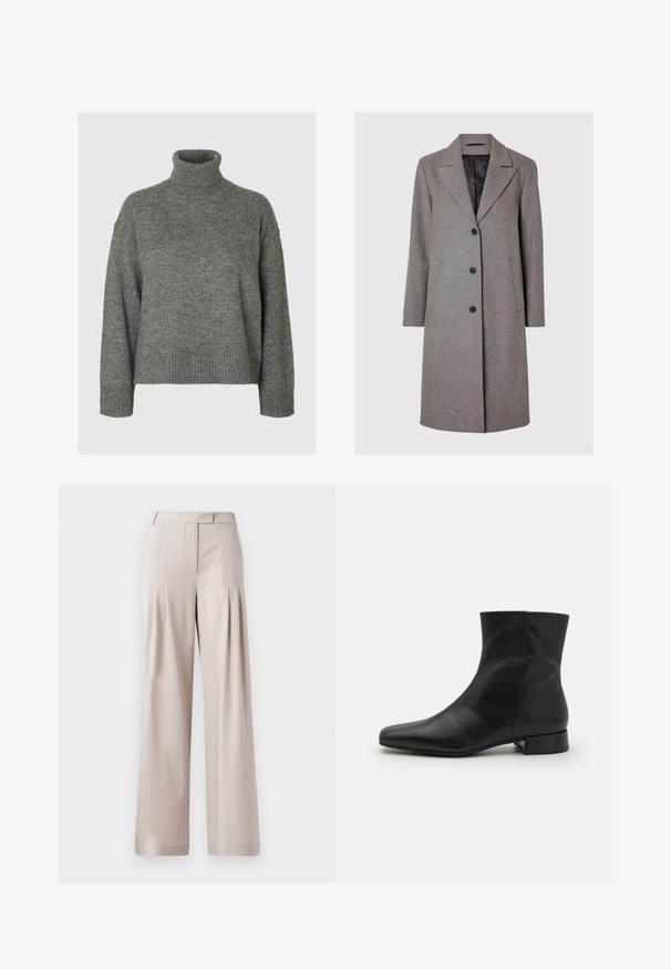Manteau en mélange de laine gris avec un col cranté, quatre boutons noirs, deux poches latérales et une doublure intérieure unie. Coupe droite mi-longue.; Pull à col roulé gris fabriqué dans un matériau doux et texturé, avec une coupe décontractée. Présente un col, des poignets et un ourlet côtelés. Design simple.; Pantalons larges beiges avec une texture lisse, un design plissé à l'avant et une taille ajustée. Convient pour une tenue formelle ou décontractée.; Botte cheville en cuir noir avec un bout pointu, texture lisse, design minimaliste et un petit talon carré. La fermeture éclair sur le côté monte jusqu'à la cheville.