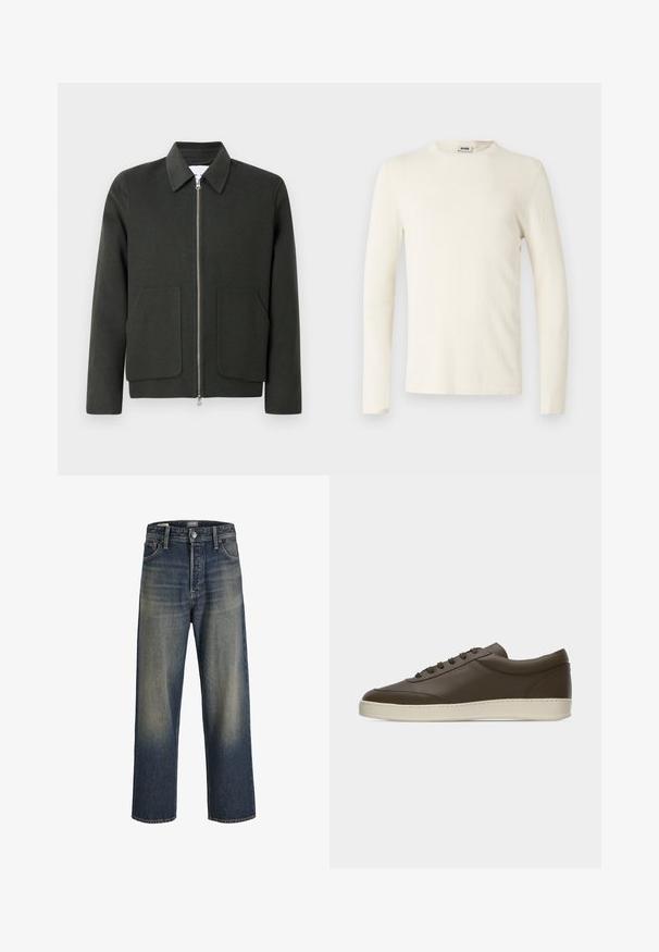 Mørkegrønt uldmixjakke med krave, frontlynlås og to store påsatte lommer. Enkel design med blød tekstur.; Langærmet t-shirt med rund hals i off-white, lavet af blødt bomuldsmateriale med en glat tekstur og minimalistisk design. Ingen synlige mønstre.; Bredde ben jeans i mørkeblå denim med en gradient finish, der har en knaplukning, fem lomme-design og strukturerede syninger.; Low-top mørkebrun lædersneaker med snørelukning foran og cremefarvet gummisål, vist fra ydersiden mod hvid baggrund.