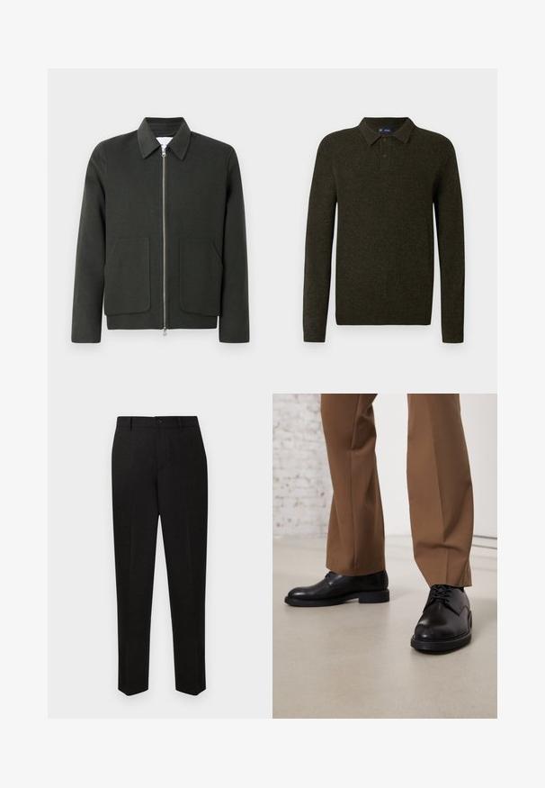 Dunkelgrüner Wollmischjacke mit Kragen, Vorderreißverschluss und zwei großen aufgesetzten Taschen. Einfaches Design mit weicher Textur.; Grüner Langarm-Polo-Pullover mit strukturiertem Finish, zwei-Knopf-Leiste und gerippten Bündchen. Einfaches, klassisches Design, geeignet für legere Freizeitkleidung.; Schwarze, maßgeschneiderte Hosen mit geradem Bein, ausgestattet mit einem Knopfverschluss und feiner Textur. Keine sichtbaren Muster oder Akzente.; Schwarze Lederschuhe mit glatter Oberfläche und runder Zehenpartie, mit Schnürverschluss und einer flachen, niedrigen Sohle. Kombiniert mit braunen Hosen.