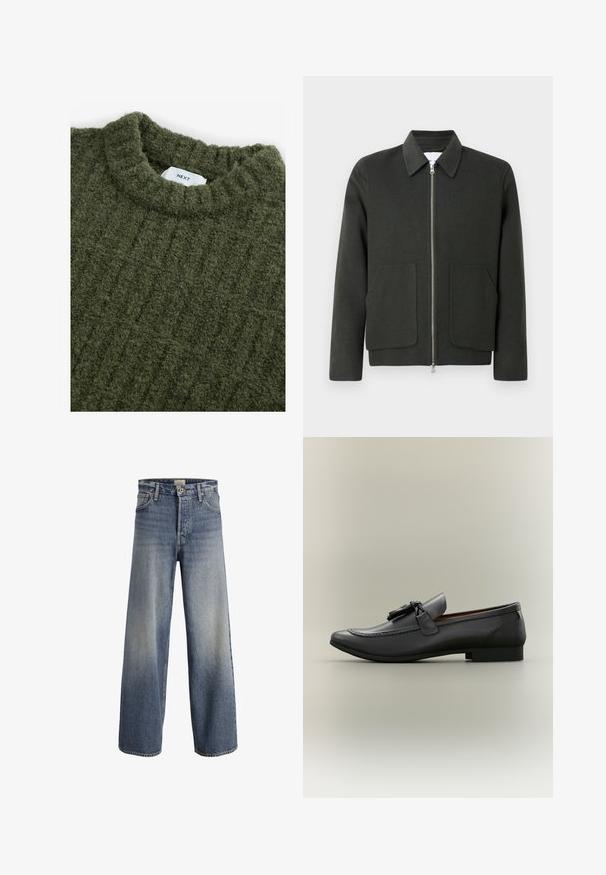 Mørkegrønt uldmixjakke med krave, frontlynlås og to store påsatte lommer. Enkel design med blød tekstur.; Grøn strikket sweater med høj hals, struktureret overflade og subtile lodrette ribber. Har et syet mærke ved halsudskæringen.; Lysblå brede jeans lavet af denim. Har høj talje, knaplukning og subtil falmning med en glat tekstur og syede sømme.; Sorte læder loafer med rund tå, dekorative kvaster og stikninger. Flad hæl med en slank profil og glat tekstur.