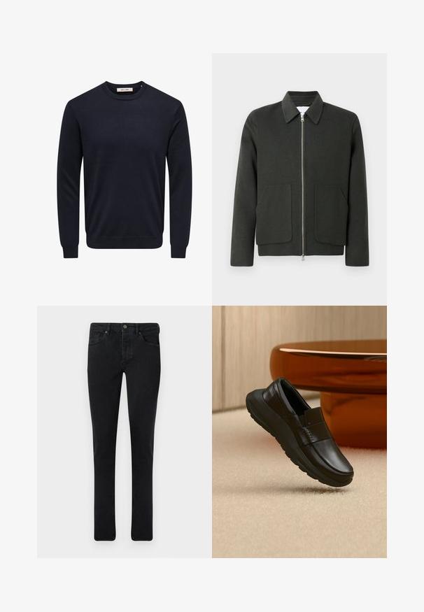 Veste en mélange de laine vert foncé avec un col, fermeture éclair à l'avant et deux grandes poches plaquées. Design simple avec une texture douce.; Pull bleu marine à manches longues avec col rond, bord-côtes aux poignets, à l'ourlet et à l'encolure, étiquette "Only & Sons" à l'intérieur du col.; Jean en denim foncé avec une coupe slim, conception à cinq poches et fermeture à bouton en métal. Texture lisse et couleur uniforme.; Mocassin en cuir noir avec une semelle épaisse, présenté au-dessus d'un tapis beige et près d'une base de table ronde couleur ambre.
