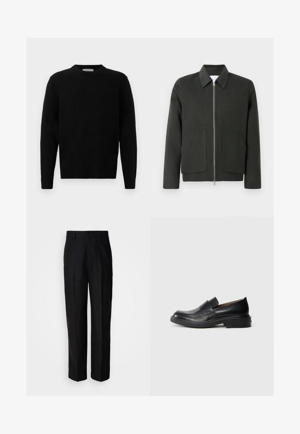 Veste en mélange de laine vert foncé avec un col, fermeture éclair à l'avant et deux grandes poches plaquées. Design simple avec une texture douce.; Pull en maille noir avec un col rond, des manches longues et des poignets côtelés. Texture douce avec un design épuré et minimal, adapté à un style décontracté.; Pantalon noir en tissu lisse, avec une coupe droite, une taille plate et des passants de ceinture, présenté sur un fond uni.; Chaussure habillée noire en cuir, à enfiler, avec un petit talon et un logo Calvin Klein discret sur le côté, présentée de profil sur un fond blanc.