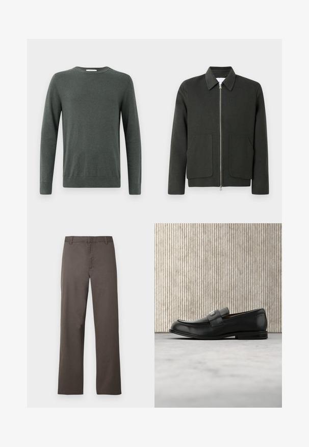 Veste en mélange de laine vert foncé avec un col, fermeture éclair à l'avant et deux grandes poches plaquées. Design simple avec une texture douce.; Pull à manches longues vert foncé en tissu doux et texturé, avec un col rond et des poignets et ourlet côtelés. Design simple et classique.; Pantalon en coton marron avec une coupe droite, doté de passants de ceinture et une texture lisse. Aucun motif visible ni détail de quincaillerie.; Mocassin en cuir noir avec une plaque de marque en métal reposant près d'une table ronde marron sur un sol recouvert de moquette beige.