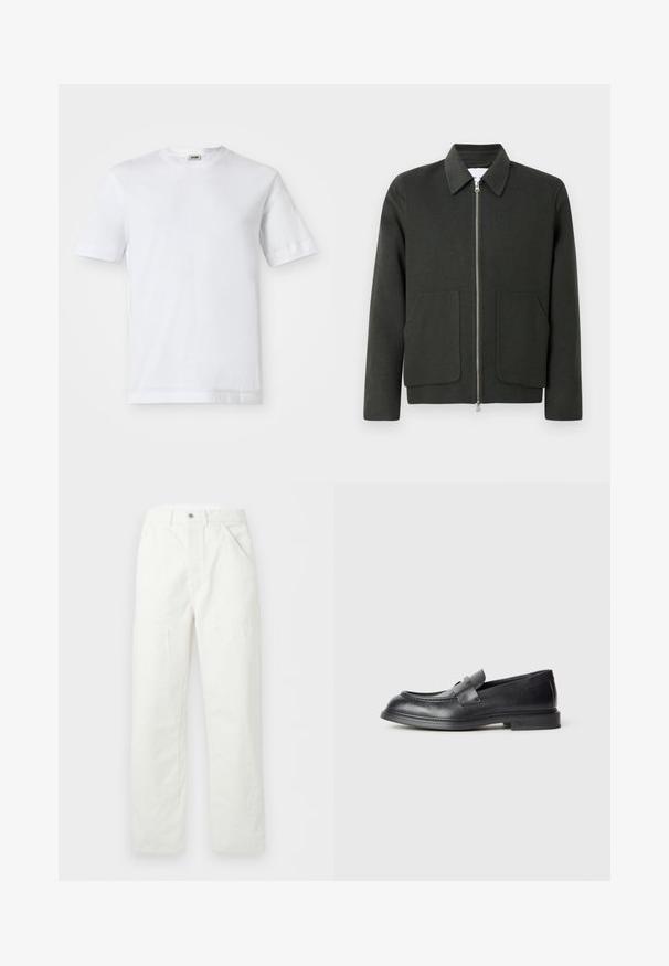 Chaqueta de mezcla de lana en verde oscuro con cuello tipo solapa, cremallera frontal y dos grandes bolsillos de parche. Diseño simple con textura suave.; Camiseta de algodón blanca con mangas cortas, escote redondo y una textura suave. No se observan patrones ni detalles.; Pantalones blancos de pierna recta con bolsillos frontales, trabillas para cinturón y cierre con botón en la cintura, exhibidos sobre un fondo liso.; Mocasines de cuero negro con acabado texturizado, que cuentan con una correa decorativa en la parte delantera y punta redondeada. Suela de goma para mayor durabilidad.