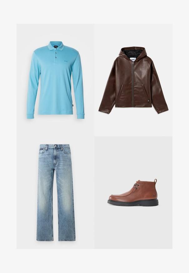 Brun faux leather zip-up huppari, jossa on etutaskut ja musta sisävuori, esillä litteänä valkoista taustaa vasten.; Vaaleansininen pitkähihaisten polo-paita, joka on valmistettu pehmeästä materiaalista. Paita sisältää klassisen kauluksen, kolme nappia ja pienen logon rinnassa.; Vaaleansiniset suoralahkeiset denimfarkut, joissa on korkea vyötärö, viisi taskua, nappikiinnitys ja hienovarainen haalistuma reisien ja polvien kohdalla.; Ruske kožne gležnjače s okruglim vrhom, detaljima vezanja i crnom gumenom potplatu. Istaknuti logo na peti i akcenti šivanja.