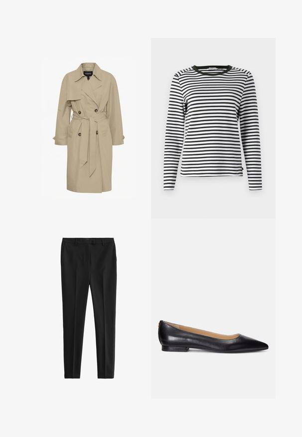 Beige trenchcoat met een tailleband, dubbele knopen, een puntige kraag en twee voorzakken. Gemaakt van lichtgewicht stof.; Langsleeve shirt in zwart-witte strepen, met een ronde groene halslijn. Zachte stof met een normale pasvorm en rechte zoom.; Zwarte broek van een gladde, lichtgewicht stof. Kenmerkt zich door een getailleerde pasvorm, voorplooien en standaard riemlussen met zij- en achterzakken.; Zwarte leren ballerina's met een spitse neus, lage hak en een gouden accent op de hak. Glad textuur met een klassieke uitstraling.