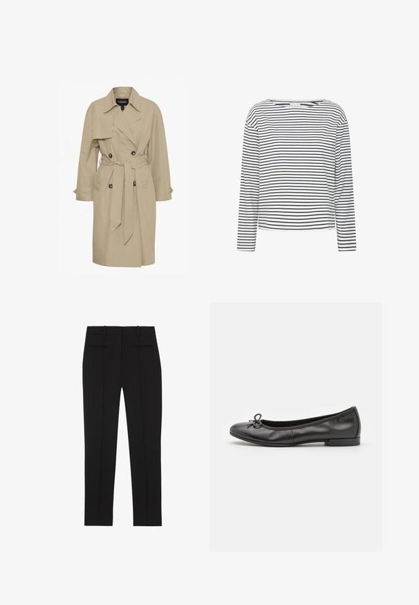 Beige trenchcoat med taljebælte, dobbeltknaplukning, spidse krave og to for- og lommer. Lavet af letvægtsstof.; Langærmet top med bådudskæring, lavet af blødt stof med marineblå og hvide vandrette striber. Ligefrem skæring og minimal detaljer.; Sorte skræddersyede bukser med lige ben, bæltestropper og to paspolerede lommer bagpå, designet til formelt brug.; Sorte læder balletflade sko med rund tå, en lille sløjfedetail på fronten og en lav, rektangulær hæl. Glat tekstur.