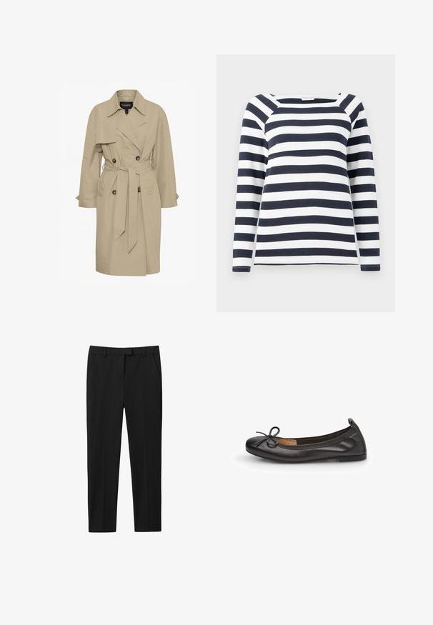Beige trenchcoat med taljebælte, dobbeltknaplukning, spidse krave og to for- og lommer. Lavet af letvægtsstof.; TOM TAILOR STRIPED CARRE NECK - Langærmet T-shirt - lunar eclipse/off white; Sorte bukser med skræddersyet design, flad front, to sidelommer og lige benudskæring. Fremstillet af glat stof med en subtil glans.; Sorte læderballetsko med rund tå, slank sløjfedetalje foran og elastisk kant for en sikker pasform. Flad sål for komfort.