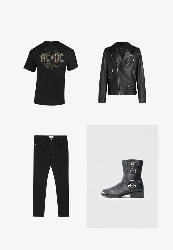 Chaqueta de motocicleta de cuero negro con cremalleras plateadas, frente asimétrico, gran collar y un acabado texturizado. Los detalles incluyen bolsillos con botones a presión.; Camiseta de algodón negra con un estampado gráfico de "AC/DC" y "Rock or Bust" en letras estilizadas desgastadas con acentos de salpicadura.; Jeans slim fit negros con parches desgastados sutiles, botón de metal, bolsillos delanteros y una etiqueta de Pier One en la cinturilla.; Botín de cuero negro con puntera redondeada, dos correas con hebillas, detalles de herrajes plateados y tacón bajo apilado. Acabado texturizado.