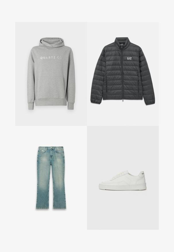 Zwarte gewatteerde zip-up jack met staande kraag, elastische manchetten en wit EA7 Emporio Armani logo op de borst en binnenzijde van de kraag.; Grijze pullover hoodie van zachte stof, met een capuchon met trekkoord en een voorzak, met "QUARTZ CO" subtiel gedrukt op de borst.; Lichtblauwe spijkerbroek met lichte vervaging, een rechte pijp, voorste knoopsluiting en vijfzakkenmodel op een witte achtergrond.; Witte leren sneaker met een gladde afwerking, ronde neus, platte veters en een gestructureerde zool. Kenmerkt zich door een subtiel logo op de hiel.