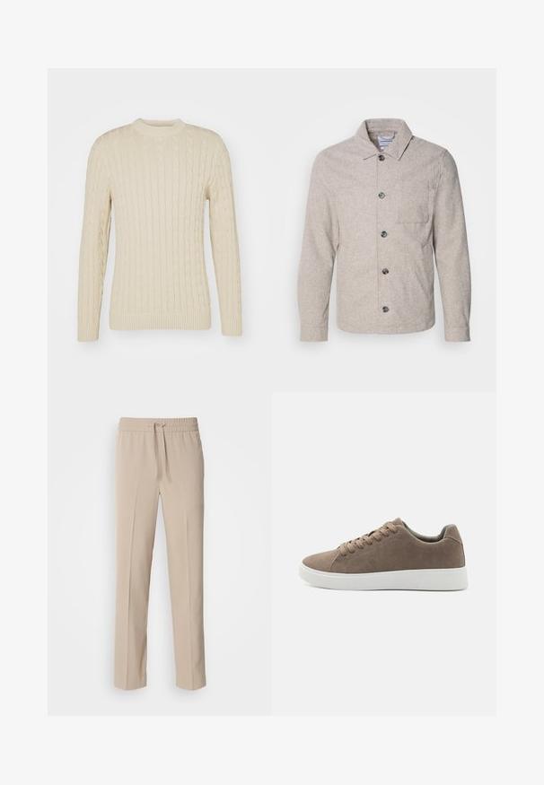 Lindbergh Veste légère - dark sand melange; Pull en maille torsadée de couleur crème clair. Il dispose d'un col rond, de manches longues, de poignets et d'un ourlet côtelés, avec un motif de surface texturé.; Pantalons beiges, coupe décontractée, fabriqués en tissu doux, dotés d'une taille élastique avec cordon de serrage et de jambes droites avec des accents minimalistes.; Baskets en daim marron avec des semelles en caoutchouc blanc plat, design lacé, bout rond et texture lisse. Style minimaliste avec des détails de couture subtils.