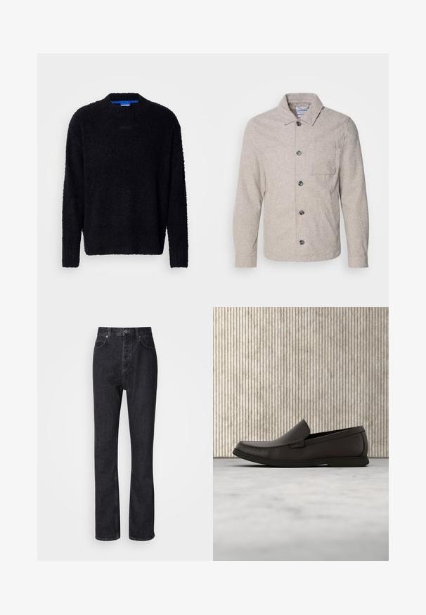 Lindbergh Let jakke / Sommerjakker - dark sand melange; Sort sweater lavet af tekstureret strikket stof, med rund halsudskæring, lange ærmer og ribbestrikkede manchetter og kant. Subtil branding på brystet.; Høj talje sorte denim jeans med knap- og lynlåsåbning, for- og baglommer samt lige ben.; Mørkebrun læderloafers med en rund tå, diskrete syninger og en lav gummisål. Glat tekstur med en fleksibel pasform.