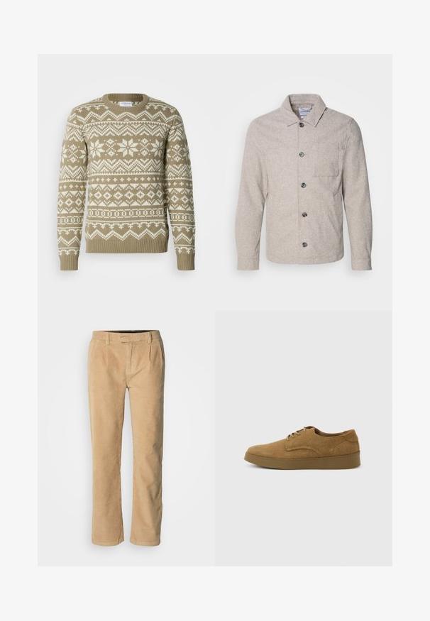 Lindbergh Veste légère - dark sand melange; Pull en tricot de couleur beige sable avec des motifs géométriques et floraux blancs. Il présente un col rond ainsi que des poignets et un ourlet côtelés.; Pantalons en velours côtelé beige à coupe droite, avec deux plis devant, passants de ceinture et une texture lisse. Sans matériel visible ni motifs.; Chaussure décontractée à lacets en daim marron avec semelle en caoutchouc plate, vue de côté sur un fond clair uni.
