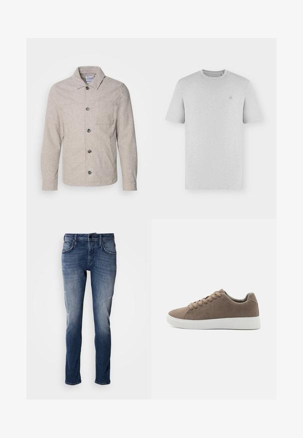 Lindbergh Chaqueta fina - dark sand melange; Camiseta sencilla de manga corta color gris claro con cuello redondo y un pequeño logo bordado y sutil en el pecho izquierdo.; Antony Morato KURT COMFORT - Vaqueros tapered - blue denim; Zapatillas de ante marrón con suelas de goma blanca planas, diseño de cordones, punta redondeada y una textura suave. Estilo minimalista con sutiles detalles de costura.