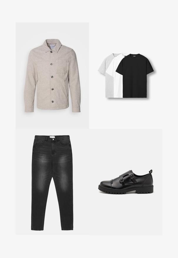 Lindbergh Let jakke / Sommerjakker - dark sand melange; Stakkede ensfarvede t-shirts i sort, hvid og grå, lagt fladt med korte ærmer og rund hals mod en hvid baggrund.; Sorte denim jeans med en falmet vask, høj talje, fem-lomme design og sølvbeslag. Lige ben med kontrast syninger.; Pier One Business loafers - black
