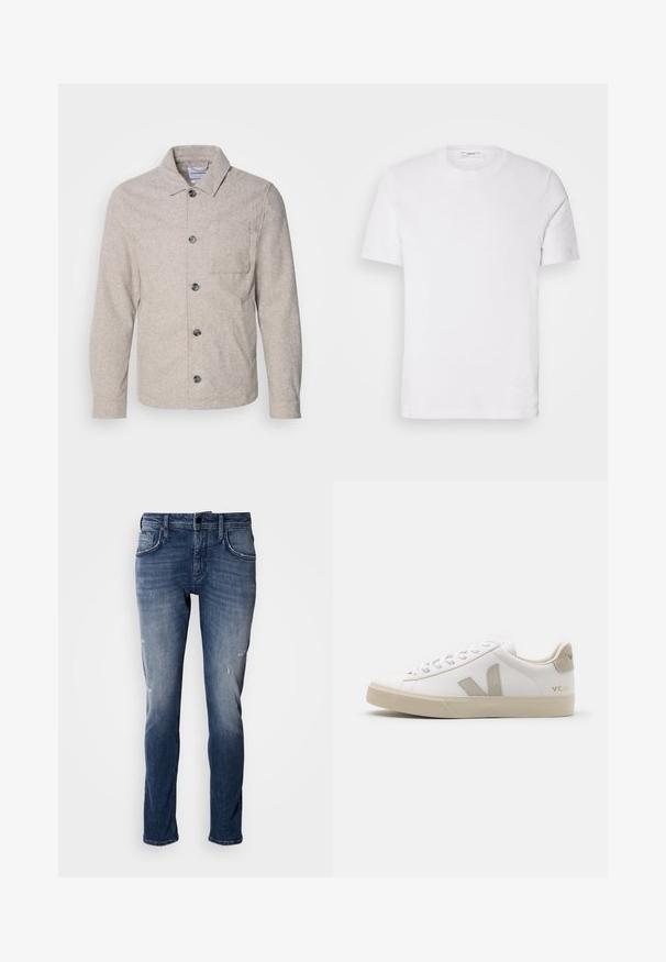 Lindbergh Let jakke / Sommerjakker - dark sand melange; Hvid bomulds T-shirt med rund halsudskæring og korte ærmer. Har et diskret brandlogo på fronten, glat tekstur og klassisk pasform.; Antony Morato KURT COMFORT - Jeans Tapered Fit - blue denim; Hvide lædersneakers med beige detaljer, flad gummisål, rund tå og kontrasterende logo på siden og bagsiden. Snørebåndsdesign.
