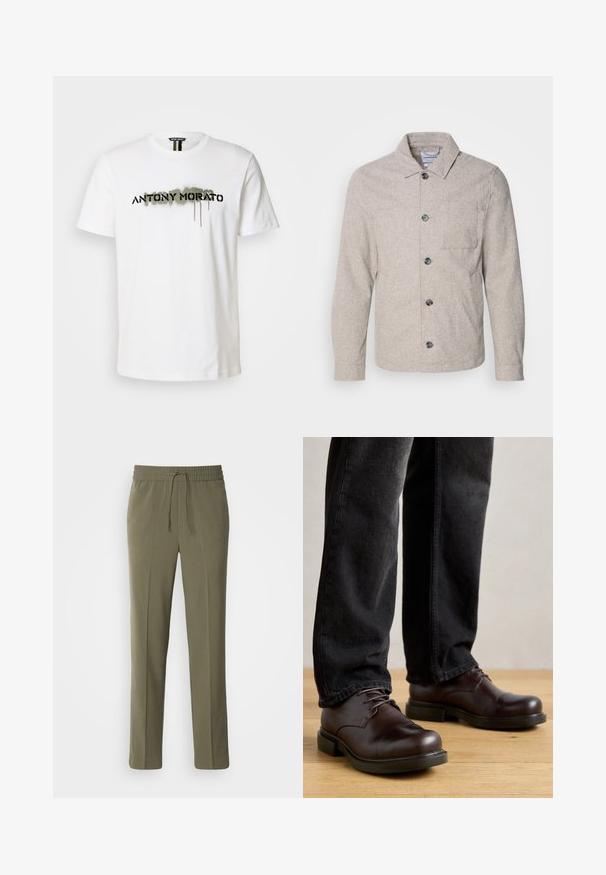 Lindbergh Let jakke / Sommerjakker - dark sand melange; Hvid bomulds T-shirt med et dristigt sort "ANTONY MORATO" logo med grønne spraymaling detaljer, rund halsudskæring og korte ærmer.; Olivengrønne, letvægtsbukser med elastisk talje og justerbar snor; lige ben design og glat tekstur.; Brune lædersko med rund tå, snørelukning og kraftig sort gummisål, parret med mørke denim bukser.