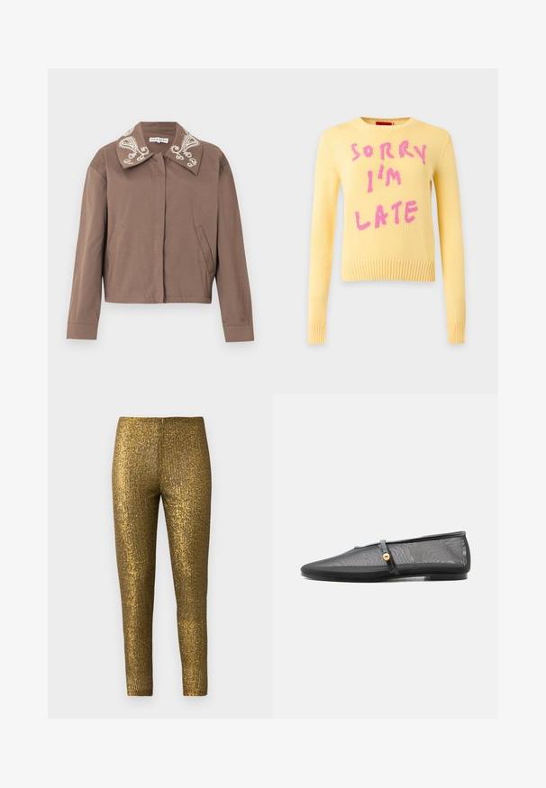 Bruine jas met lange mouwen met geborduurde witte paisley-ontwerpen op de brede kraag en voorste steekzakken met een opening, label Stine Goya.; MAX&Co. Trui - giallo/rosa; Gouden metallic legging met een getextureerd, verticaal streep patroon. De stof heeft een glanzende afwerking en een slanke, aansluitende pasvorm.; Zwarte platte schoen met een lage hak, mesh bovenkant en een dunne band met gouden knoopdetail over de wreef.