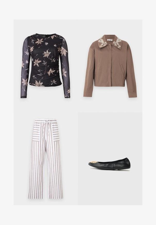 Chaqueta marrón de manga larga con diseños bordados de paisley blancos en el cuello ancho y los bolsillos frontales con abertura, etiqueta Stine Goya.; Top negro de manga larga con estampado floral en beige y crema. Presenta un diseño recogido y cierre con cremallera en la parte posterior. Confeccionado en una tela transparente y texturizada.; Pantalones de pierna ancha con rayas verticales beige y blancas, cintura elástica, cordón ajustable y dos bolsillos delanteros parcheados con rayas horizontales.; Bailarina de cuero negro con punta redonda, que presenta un acento de hardware dorado en la punta, textura suave y suela flexible.