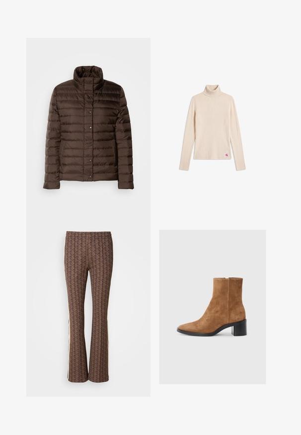 Brun pufferjakke med høj krave, quiltet design, frontlukning med trykknapper og sidelommer. Glat, shiny stoftekstur.; Beige ribstrikket langærmet turtleneck sweater med et lille logopatch nær den nederste kant på en hvid baggrund.; Brune mønstrede flared bukser med et struktureret design og sidelange striber. Elastisk talje for komfort.; Brun ruskind ankelstøvle med spids tå, mid-block hæl og subtil præget logo-detalje. Lynlås lukning langs siden.