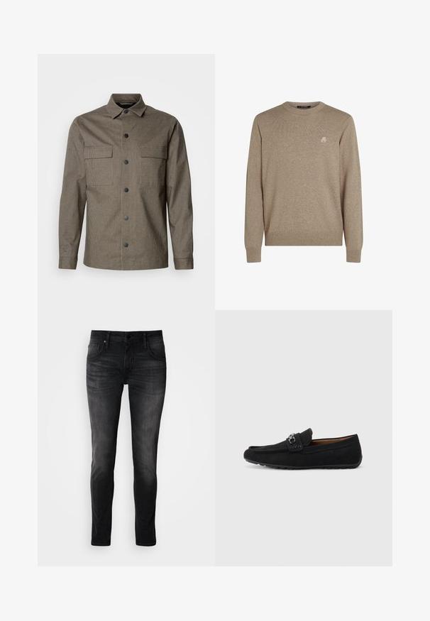 Bruine geblokte shirtjacket met een kraag, sluiting met knopen aan de voorkant, twee borstzakken en lange mouwen. Gemaakt van een gestructureerde stof.; Beige ronde hals trui van zacht materiaal. Ribgebreide mouwen en onderkant. Voorzien van een klein logo op de borst. Eenvoudig ontwerp, lichte textuur.; Zwarte denim jeans met een slim fit, vijf zakken ontwerp, subtiele vervaging en contrasterende stiksels. Voorzien van een klassieke metalen knoop- en ritssluiting.; Zwarte suède instappers met een ronde neus, decoratieve band en zilverkleurige hardwaredetails. Flexibele rubberen zool voor grip en comfort.