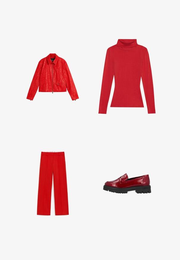 Chaqueta roja de imitación cuero con diseño cropped, cuello puntiagudo, cierre frontal con cremallera y un bolsillo lateral con botón a presión negro.; Anna Field by Zalando LONG SLEEVED TOP WITH WOOL CONTENT - Camiseta de manga larga - red; Pantalones rojos de cintura alta y pierna recta con presillas para cinturón, bolsillos delanteros y plisados marcados, mostrados extendidos sobre un fondo blanco.; Mocasín de charol rojo con una suela baja y chunky negra que presenta un patrón de agarre texturizado y una correa decorativa sobre el empeine.