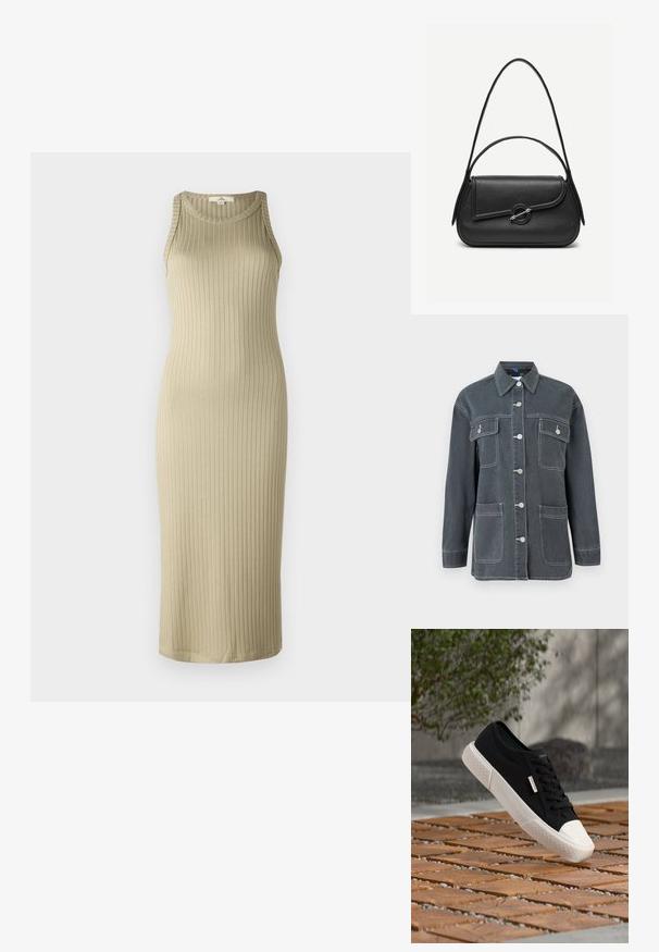 Mørkeblå denimjakke med knapfront, to brystlommer og to nederste lommer. Har kontrastfarvet hvid syning og en krave.; Ribbet, beige midi kjole med en tætsiddende silhuet, ærmeløs design og rund halsudskæring; lavet af blødt, strækbart materiale.; Sort lavt sneaker med hvid sål og hvid tåkap svæver over træfliser udendørs nær en grøn busk og en betonvæg.; Sort læderhåndtaske med afrundede kanter, asymmetrisk klap, metalcirkulært spænde samt både korte og lange skulderstropper.