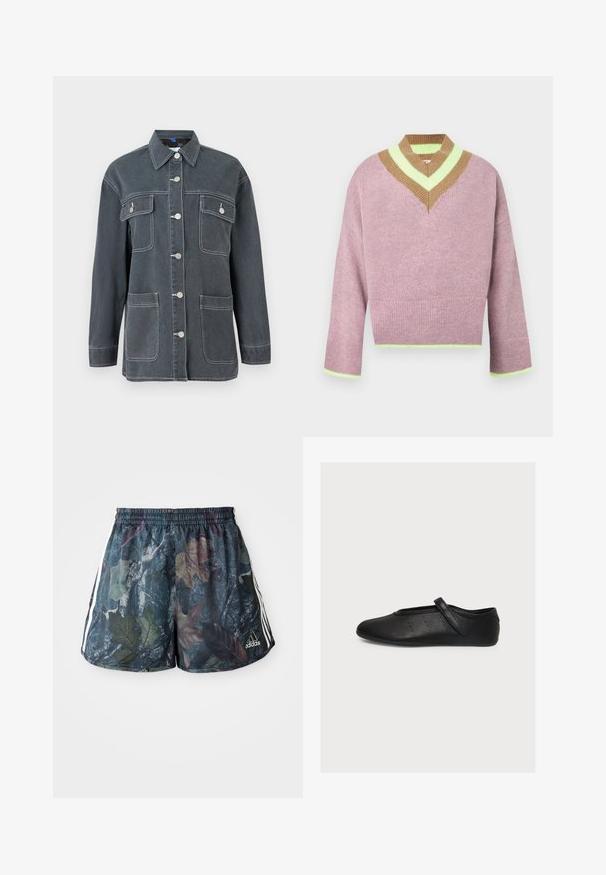 Mørkeblå denimjakke med knapfront, to brystlommer og to nederste lommer. Har kontrastfarvet hvid syning og en krave.; V-hals cropped sweater i blød pink med brune og grønne striber ved halsudskæringen og kanterne. Tekstureret stof med løstsiddende ærmer.; Herre shorts med et flerfarvet bladmønster på en mørk baggrund, med elastisk talje og sidelister i hvid.; Sort læder Mary Jane flad sko med rem og små perforerede detaljer på siden, vist fra ydersiden på en hvid baggrund.