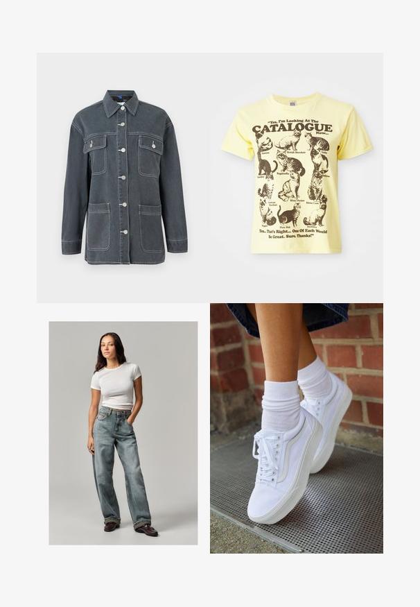 Donkerblauwe spijkerjack met knopen aan de voorkant, twee borstzakken en twee onderste zakken. Voorzien van contrasterende witte stiksels en een kraag.; Gele katoenen t-shirt met illustraties van zwarte katten en tekst: "Ja, ik kijk nu naar de CATALOOG...". Met ronde hals en korte mouwen.; Lichtblauwe denim wijde spijkerbroeken met vervaagde details, hoge taille en zakken aan de voorkant. Gecombineerd met een aansluitend wit T-shirt met korte mouwen en bordeauxrode schoenen.; Witte canvas sneakers met rubberen zolen, voorzien van zes vetertjes, een ronde neus en lichte stikdetails, gecombineerd met witte enkelsokken.