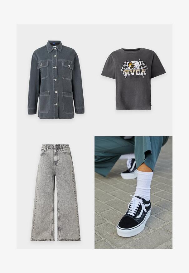 Dunkelblaue Jeansjacke mit Knopfverschluss, zwei Brusttaschen und zwei unteren Taschen. Mit kontrastierendem weißen Nähten und einem Kragen.; Graues Baumwoll-T-Shirt mit kurzen Ärmeln, das ein Adler-Motiv und karierte Flaggen zeigt. Das Design enthält den Text "RVCA" und einen Slogan darunter.; Weit geschnittene Jeans aus verblasstem schwarzem Denim, mit hoher Taille, klassischem Fünf-Taschen-Design und sichtbaren Nähdetails.; Schwarze Wildledersneaker mit weißen Akzenten und Schnürsenkeln, ausgestattet mit einer dicken weißen Sohle und kontrastierenden Nähten, kombiniert mit einer weißen Socke.