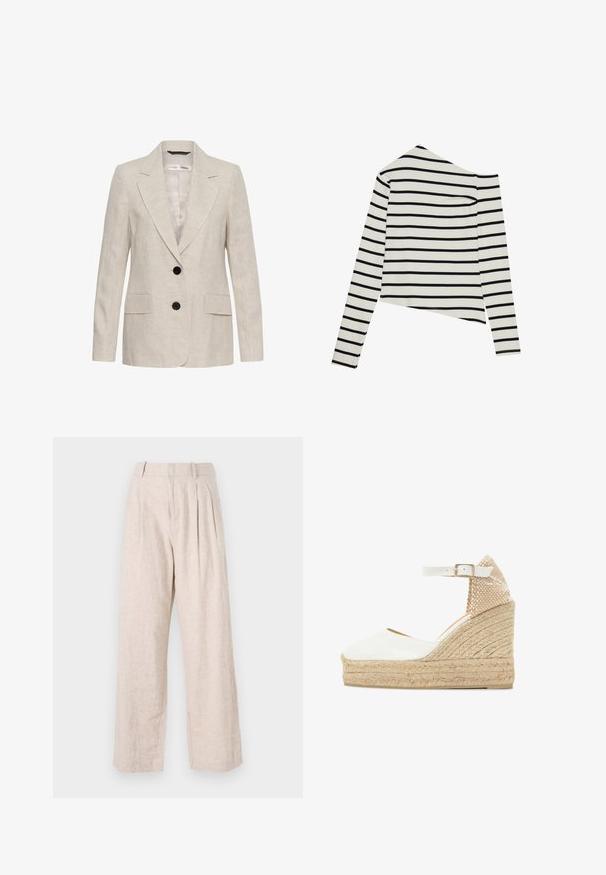 Blazer en lin beige avec deux boutons noirs, revers crantés, manches longues et deux poches à rabat à l'avant, style unisexe.; Haut à manches longues rayé avec un décolleté asymétrique, fabriqué en tissu léger. Couleurs : crème avec des rayures horizontales noires.; Pantalon en lin beige clair à coupe ample, avec des plis devant et une jambe droite. Style minimaliste et tissu texturé.; Sandale espadrille compensée blanche avec plateforme en jute tissé, bride à la cheville, boucle dorée et contrefort de talon beige texturé.