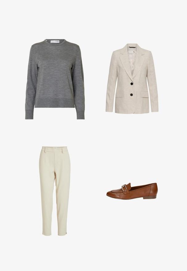 Beige hørblazer med to sorte knapper, hakkede revers, lange ærmer og to forlommer med klap, unisex stil.; Langærmet, lysegrå striktrøje med rund hals og ribstrikkede manchetter og kant, vist mod hvid baggrund.; Beige skræddersyede bukser med elastisk talje, sidelommer og en nederdel med en tætsiddende kant. Glat, letvægtsstof.; Brune læder loafers med flad hæl, der har en dekorativ sølvspænde og en glat, poleret overflade. Rundet tådesign.