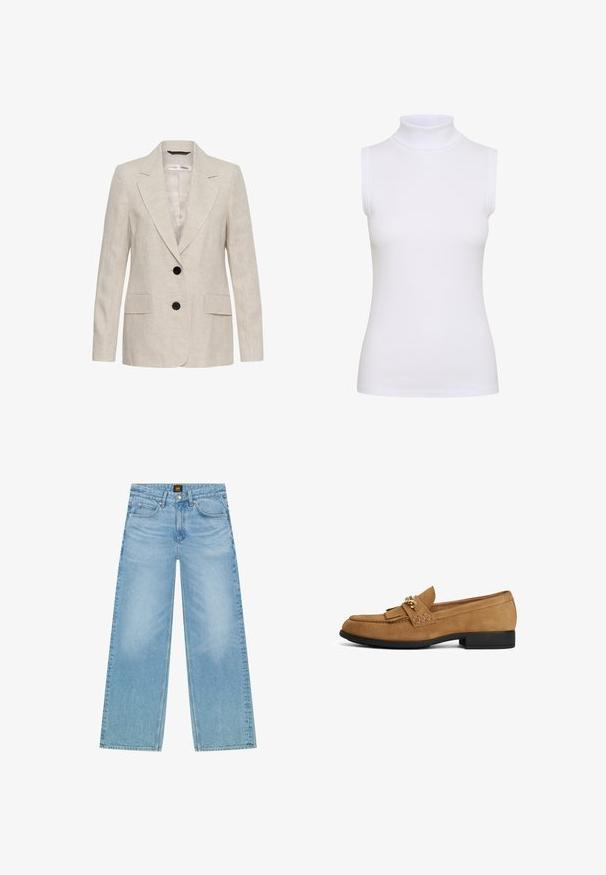 Beige hørblazer med to sorte knapper, hakkede revers, lange ærmer og to forlommer med klap, unisex stil.; Hvid ærmeløs turtleneck top i ribbet stof, med en tætsiddende design og glat tekstur, høj krave og ingen synlig hardware.; Lys blå, brede jeans lavet af denim. Har et klassisk fem-lommers design og en subtil fadet tekstur. Knap- og lynlås lukning.; Brun ruskindslipper med sort flad sål, med en kvastdetalje og guldbeslag foran; glat tekstur og rundet tådesign.