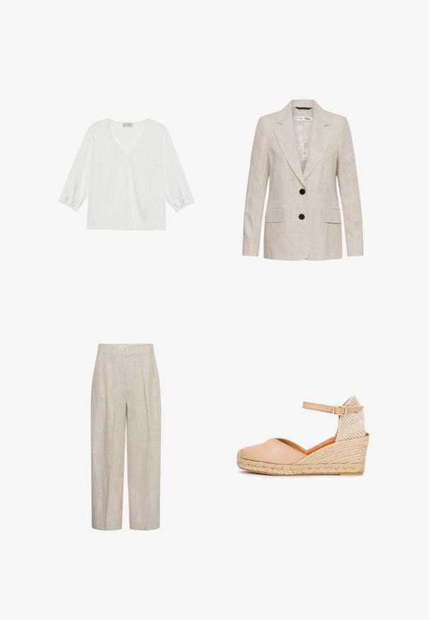 Blazer de lino beige con dos botones negros, solapas de muesca, mangas largas y dos bolsillos frontales con solapa, estilo unisex.; Blusa blanca de manga larga con un profundo escote en V, material suave similar al satén y puños de manga fruncidos para un ajuste relajado.; Pantalones beige de talle alto y pierna ancha con pliegues frontales y presillas para cinturón, confeccionados en una tela de lino texturizado.; Alpargata cuña beige con puntera cerrada, suela de yute tejida, correa en el tobillo con hebilla dorada y contrafuerte en tela a cuadros.