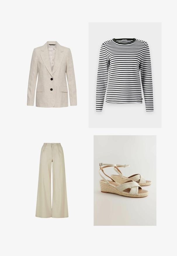 Blazer de lino beige con dos botones negros, solapas de muesca, mangas largas y dos bolsillos frontales con solapa, estilo unisex.; Camisa de manga larga a rayas en blanco y negro, con un cuello redondeado verde. Tejido suave con un corte regular y dobladillo recto.; Pantalones beige de pierna ancha con cintura alta, pliegues en la parte delantera, trabillas para cinturón y cierre con botón.; Cuñas de esparto beige con correas cruzadas, acentos de yute trenzado y plantilla acolchada. Correa ajustable en el tobillo para un mejor ajuste.