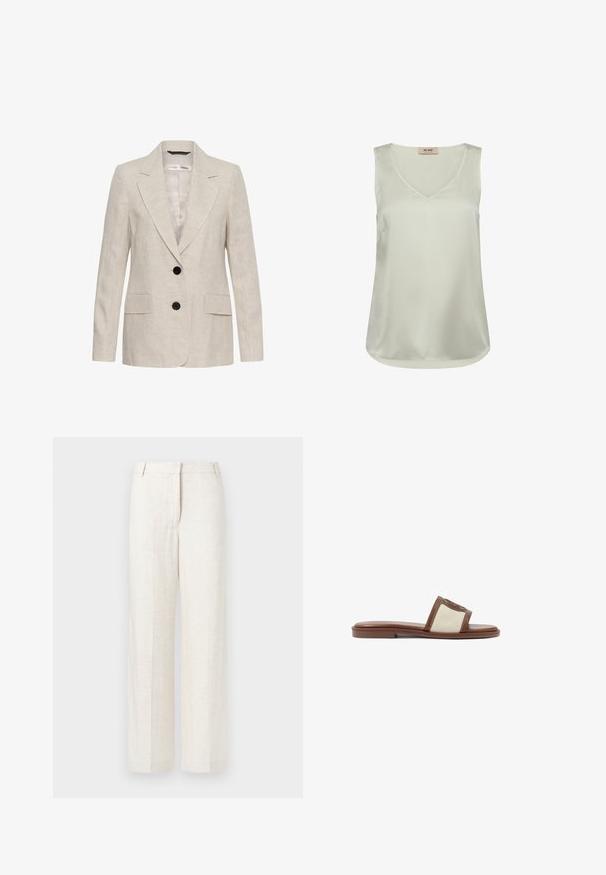 Beige hørblazer med to sorte knapper, hakkede revers, lange ærmer og to forlommer med klap, unisex stil.; Ærmeløs lysebeige satinbluse med V-hals og afrundet kant, med et lille mærke på bagsiden af kraven indeni.; Beige vide ben bukser i en blanding af linned, med en glat tekstur, klassiske frontfolder og sidelommer for ekstra funktionalitet.; Brune læderslidesandal med en beige vævet overdel, flad sål og rund tå. Designet inkluderer en logoakcent på remmen.