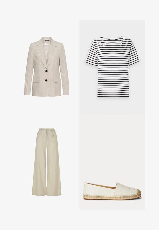 Blazer en lin beige avec deux boutons noirs, revers crantés, manches longues et deux poches à rabat à l'avant, style unisexe.; T-shirt blanc avec des rayures horizontales bleu marine, col rond, manches courtes et un petit logo sur la manche gauche. En matière coton.; Pantalon beige à jambes larges, taille haute, plis sur le devant, passants pour ceinture et fermeture par bouton.; Espadrille blanche à enfiler avec semelle en jute tressée et détails cousus le long des bords, vue de l'extérieur.