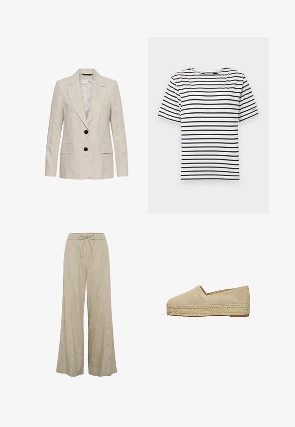 Blazer en lin beige avec deux boutons noirs, revers crantés, manches longues et deux poches à rabat à l'avant, style unisexe.; T-shirt blanc avec des rayures horizontales bleu marine, col rond, manches courtes et un petit logo sur la manche gauche. En matière coton.; Pantalons beige à jambes larges en tissu léger, dotés d'une taille élastique avec cordon de serrage et de poches latérales. Texture lisse, design minimaliste.; Espadrille beige en daim à enfiler avec semelle plateforme en jute tressé et petit logo métallique sur le côté supérieur.