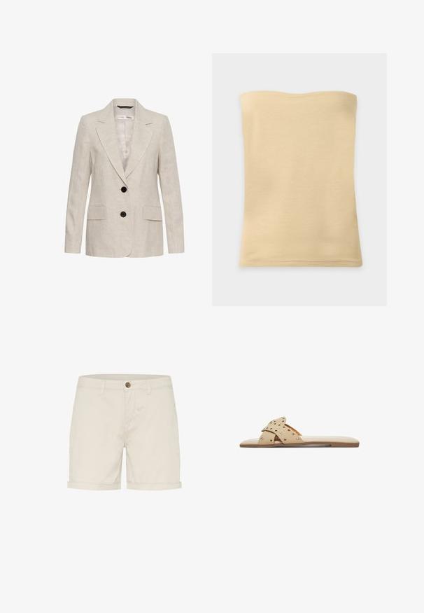 Beige Leinenblazer mit zwei schwarzen Knöpfen, Revers mit Kerbkragen, langen Ärmeln und zwei vorderen Pattentaschen, Unisex-Stil.; Beiger trägerloser Tubetop mit geraden Kanten und einfacher Naht auf hellem einfarbigem Hintergrund.; Helle beige Baumwollshorts mit Knopfverschluss, umgeschlagenen Säumen und Seitentaschen. Glatte Textur und maßgeschneiderte Passform für Komfort.; Beige flache Sandalen aus Wildleder mit gekreuztem Riemendesign und Metallösenakzenten. Schlankes Profil mit glatter, beiger Sohle.