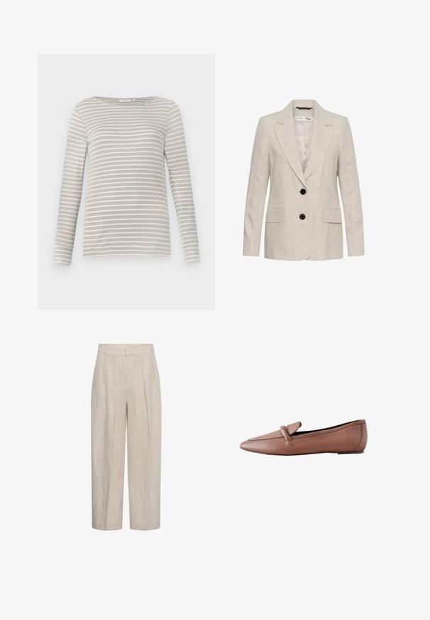 Beige hørblazer med to sorte knapper, hakkede revers, lange ærmer og to forlommer med klap, unisex stil.; TOM TAILOR STRIPED BOAT NECK - Langærmet T-shirt - taupe/offwhite; Beige højtaljede bukser med vide ben, forstærket med frontplisseringer og bæltestropper, lavet af et tekstureret linstof.; Brun læder flad loafer med afrundet firkantet tå og en løkke detalje henover overdelen, vist fra ydersiden.