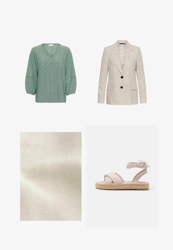 Blazer en lin beige avec deux boutons noirs, revers crantés, manches longues et deux poches à rabat à l'avant, style unisexe.; Kaffe KATYRA V - Blouse - green bay cc; Tissu texturé beige clair avec un motif tissé, présentant des variations subtiles de couleur et de détail de surface. Texture douce et lisse dans l'ensemble.; Sandale espadrille beige clair avec des sangles en tissu croisées et un lien à la cheville, comportant une semelle enveloppée de corde de jute et un fond en caoutchouc plat.
