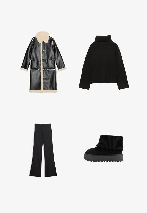 Manteau en cuir noir avec un col et une doublure en shearling beige, poches avant et fermetures à bouton, avec des détails de couture blanche contrastante.; Pull noir en maille avec un col roulé côtelé haut et des épaules tombantes. Présente une coupe décontractée et carrée avec des poignets et un ourlet côtelés.; Pantalon noir taille haute à jambes larges avec une taille à double bouton et une fermeture éclair frontale, présenté à plat sur un fond blanc.; Bottine noire avec un col en tricot côtelé et une semelle plate et texturée. Fabriquée à partir d'une combinaison de daim et de matériaux élastiques.