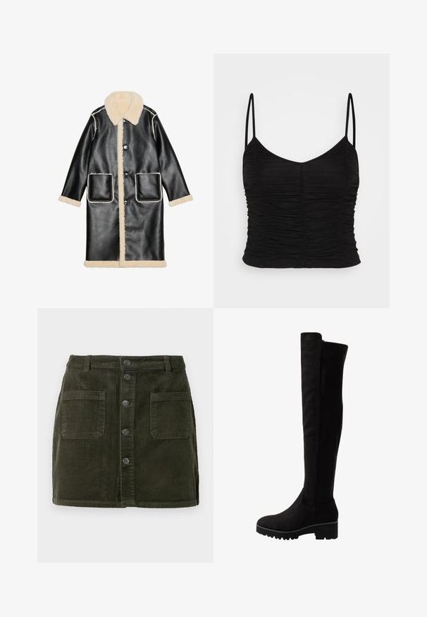 Schwarzer Leder-Mantel mit einem beigen Lammfellkragen und -futter, Fronttaschen und Knopfverschlüssen, mit kontrastierenden weißen Nähten.; BDG Urban Outfitters RUCHED CAMI - Top - black; Grüne Rippstruktur-Minigerade mit Knopfleiste, zwei vorderen Taschen und strukturierter Oberfläche. Verfügt über eine figurbetonte Taille und geraden Schnitt.; Schwarze Overknee-Stiefel aus weichem Wildleder mit flacher Sohle, abgerundetem Zehenbereich und elastischen Seiteneinsätzen für ein einfaches An- und Ausziehen.