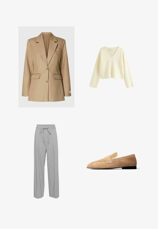 Beige einreihiger Blazer mit Kerbkragen, zwei vorderen Pattentaschen, Brustleistentasche und zwei Knöpfen in der Mitte.; Cremfarbener, verkürzter Pullover mit gerippter Textur, V-Ausschnitt und langen Ärmeln. Verfügt über eine lockere Passform und ein einfaches Design.; Graue Leinen-Hose mit weitem Bein und hohem Bund, ausgestattet mit einem Kordelzug, Falten an der Vorderseite und einer weichen, strukturierten Oberfläche.; Hellbrauner Wildleder-Slipper mit niedrigem schwarzem Absatz und breitem Riemendetail über dem Spann, im Seitenprofil vor weißem Hintergrund dargestellt.