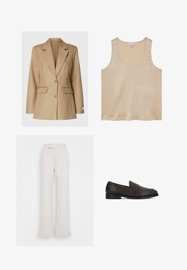 Beige einreihiger Blazer mit Kerbkragen, zwei vorderen Pattentaschen, Brustleistentasche und zwei Knöpfen in der Mitte.; Reiss REGULAR FIT - Bluse - neutral; Weite Hosen aus hellbeige Stoff mit einem enganliegenden Bund, vorderen Falten und einer glatten Textur. Lässiges Design, ohne sichtbare Muster oder Beschläge.; Braune Leder-Loafer mit glatter Oberfläche, rund zulaufender Spitze und dekorativem Vorderteil. Robuste Sohle und dezente Absatzhöhe.